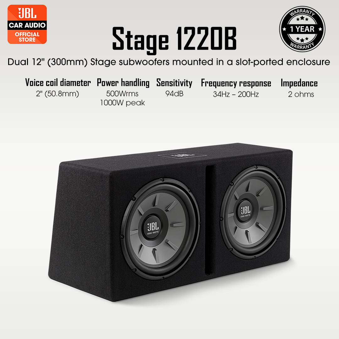 Stage 1220B subwoofer enclosure  Dual 12 Stage subwoofers mounted in a  slot-ported enclosure